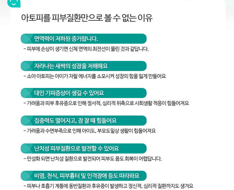 아토피를 피부질환만으로 볼 수 없는 이유 : 면역력이 저하된 증거랍니다 / 자라나는 새싹의 성장을 저해해요 / 대인 기피증상이 생길 수 있어요 / 집중력도 떨어지고, 잠 잘 때 힘들어요 / 난치성 피부질환으로 발전할 수 있어요 / 비염, 천식, 피부흉터 및 인격장애 등도 따라와요