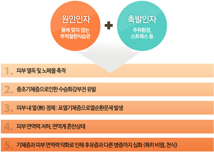 아토피 증상은 넘치는 피부열이 문제 // 몸 밖의 원인 요소 : 식품첨가물들 / 고열량 저영양 식사법 / 항생제, 해열제 및 초음파, 방사선 등의 오남용  / 공기 중의 각종 오염물질들 / 그 외 전자파, 자외선 및 소음 등 인체에 부정적 자극요인들 // 몸 안의 원인 요소 : 수승화강이 제대로 되지 않아 피부에 열독이 쌓인 상태